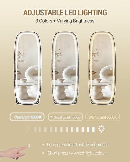 Hzuaneri DM41801B Full Body Mirror with Lighting, 160 x 50 cm, Curved Standing Mirror, Wall Mirror, 3 Light Colours, Adjustable Brightness, for Bedroom and Living Room, Black