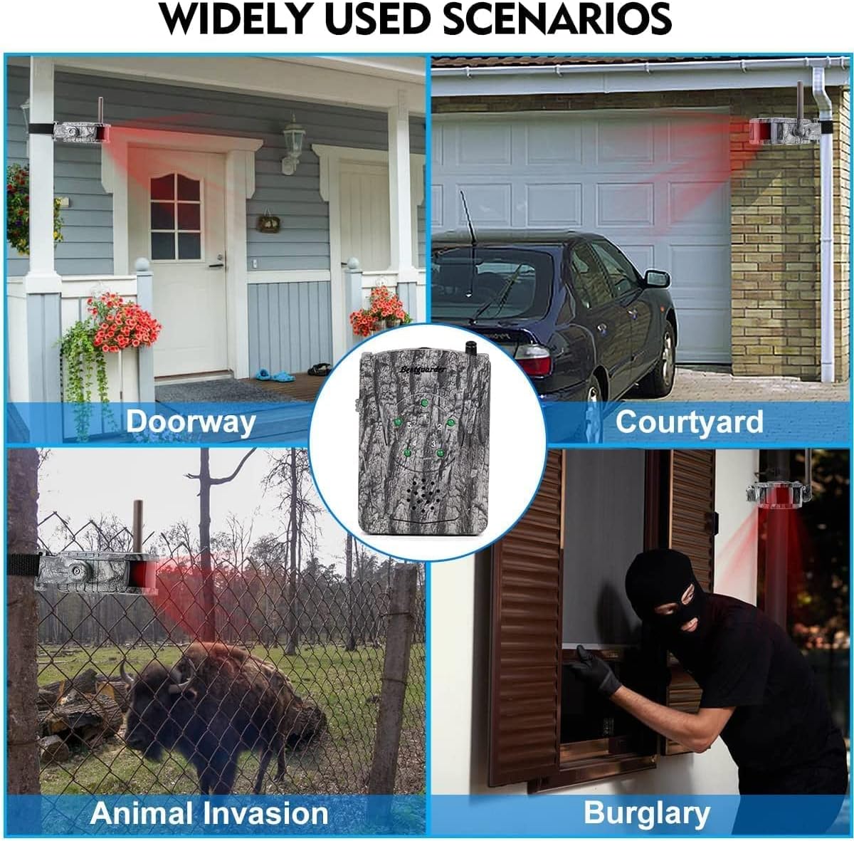 Draadloos alarmsysteem, 300 m lang bereik, jachtalarm, weerbestendig, bewegingsmelder en detector, bewaking en bescherming, voor buiten, 1 ontvanger en 5 sensoren