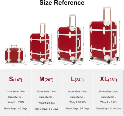 Urecity Vintage reiskofferset, 4-delig, licht, retro, lederen koffer, harde schaal, trolley, handbagage, sets met TSA-slot en 8 wielen (S-M-L-XL), rood, Kofferset