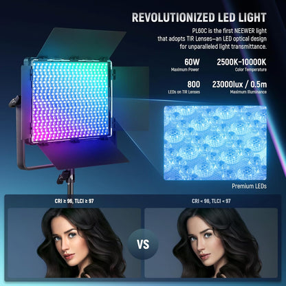 NEEWER 2-pack PL60C RGB videolamp LED-paneel continu licht set met 2 m licht statief/tas APP/2,4 G/DMX besturing 60W 23000Lux/0,5 m 2500K-10000K 18 scènes RGBCW Pro fotografie studioverlichting