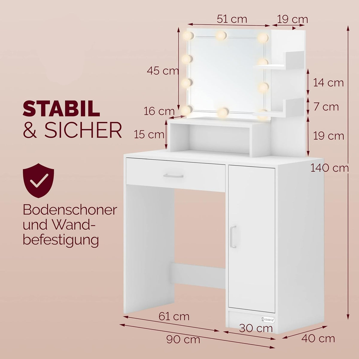 CASARIA® Dressing Table Jocelyn LED 90x40x140cm Mirror Cabinet Drawer 3 Shelves Bedroom Makeup Table Cosmetics Table Modern Wood White - QUORE