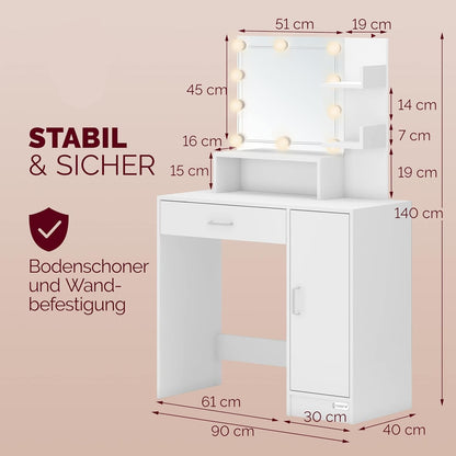 CASARIA® Dressing Table Jocelyn LED 90x40x140cm Mirror Cabinet Drawer 3 Shelves Bedroom Makeup Table Cosmetics Table Modern Wood White - QUORE
