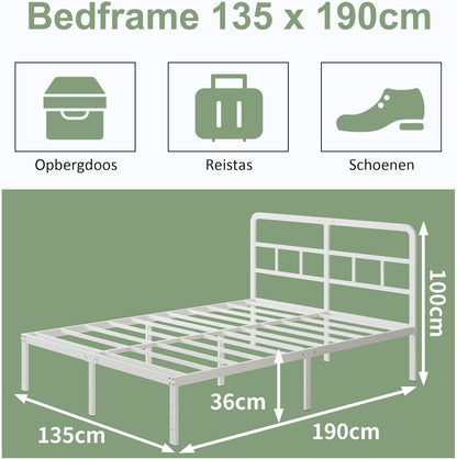 Lutown-Teen Metalen Bedframe 135x190 cm met Gebogen Hoofdbord, Hoogte 36cm, Dubbelbed Frame 135 x 190 met Lattenbodem Van Metaal, Opbergruimte onder het bed, Eenvoudige Montage, Wit