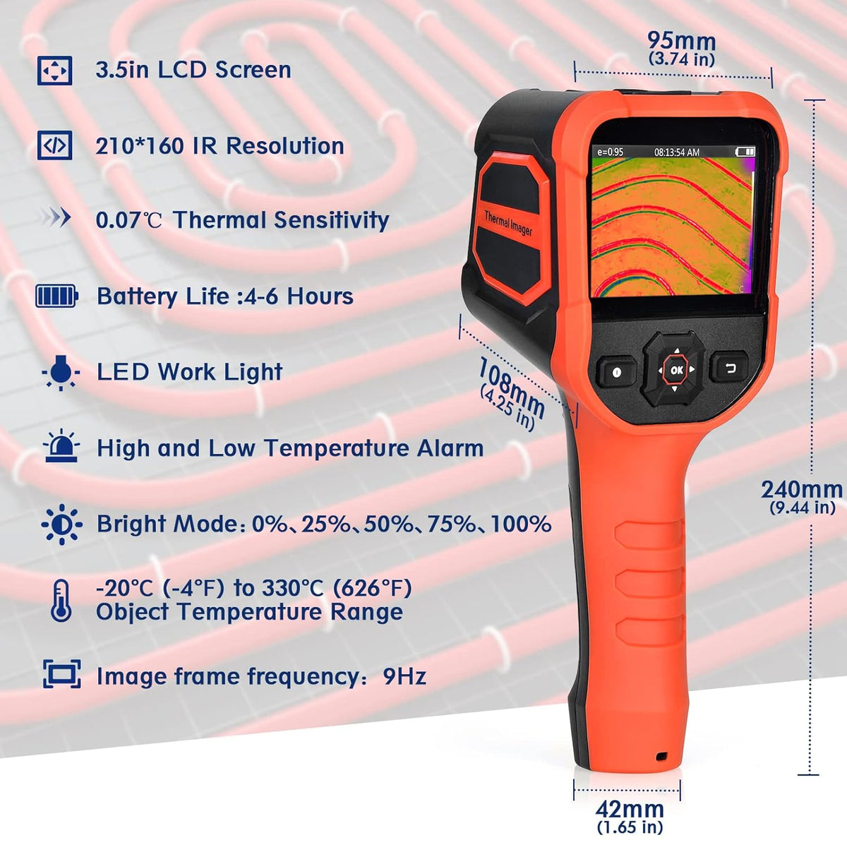 Infrarode Thermische Beeldvormingscamera, 210 x 160 IR Resolutie Handheld Thermische Beeldvormingscamera 9Hz Refresh Rate, Navulbare 6GB MicroSD met Dalingsduurzaamheid voor Motor, Motor