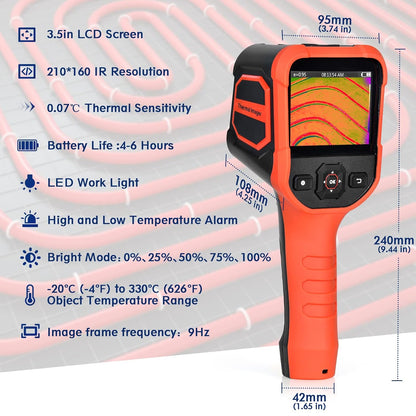 Infrarode Thermische Beeldvormingscamera, 210 x 160 IR Resolutie Handheld Thermische Beeldvormingscamera 9Hz Refresh Rate, Navulbare 6GB MicroSD met Dalingsduurzaamheid voor Motor, Motor