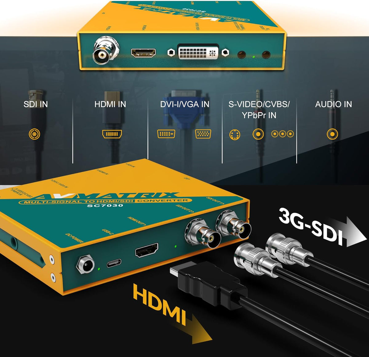 AVMATRIX Multisignaal naar SDI/HDMI videoconverter, 3G/HD/SD-ondersteunde SDI-formaten, her-clocking, equalizatie, signaalretiming 1080p @60Hz (SC7030)