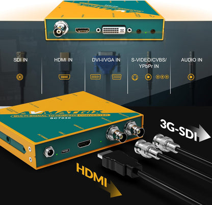 AVMATRIX Multisignaal naar SDI/HDMI videoconverter, 3G/HD/SD-ondersteunde SDI-formaten, her-clocking, equalizatie, signaalretiming 1080p @60Hz (SC7030)