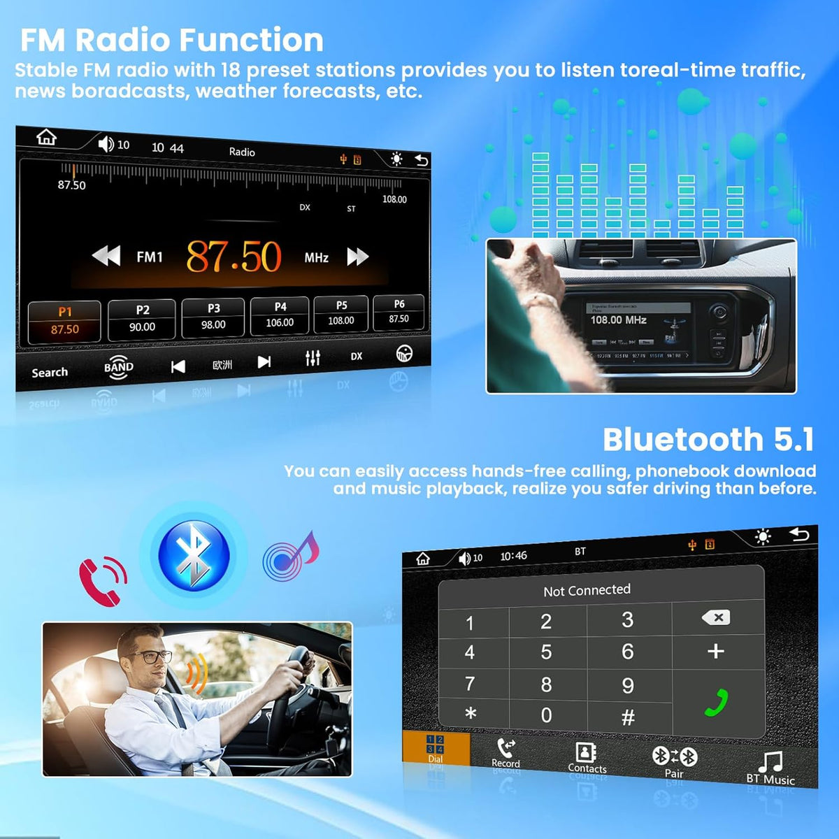 Hikity 1 DIN-autoradio met draadloze CarPlay, met 7 inch touchscreen-scherm Android Auto, met bluetooth, FM-radio, USB Type-C, AUX, achteruitrijcamera