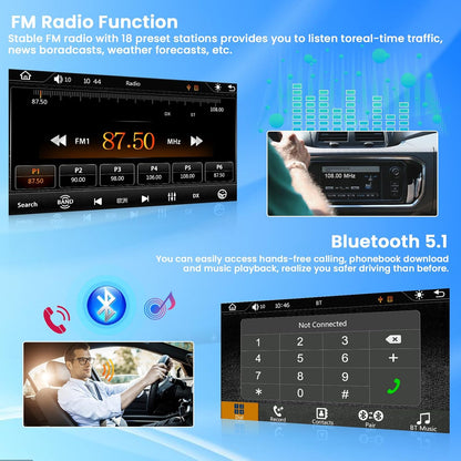 Hikity 1 DIN-autoradio met draadloze CarPlay, met 7 inch touchscreen-scherm Android Auto, met bluetooth, FM-radio, USB Type-C, AUX, achteruitrijcamera