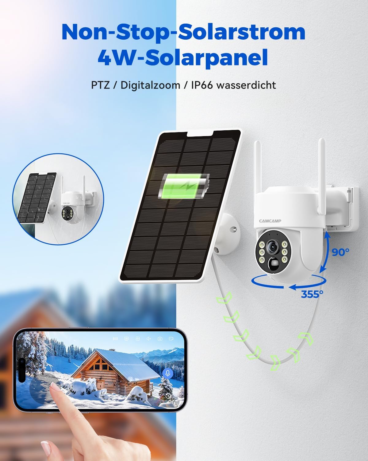 CAMCAMP 4MP draadloze bewakingscamera op zonne-energie, voor buiten, wifi, draagbaar, 7 inch scherm met accu, 4 x 2K camera, 360 graden PTZ, nachtzicht, 2-weg gesprek, bewegingsdetectie, 64 GB kaart,