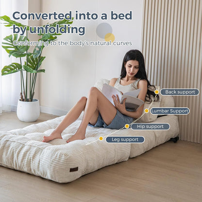 MAXYOYO Folding Sofa Bed, Convertible Sleeping Chair with Pillow, Mattress with Back Support, Portable Chair Bed, Comfortable Floor Sofa Lounge for Living Room, Bedroom, Beige