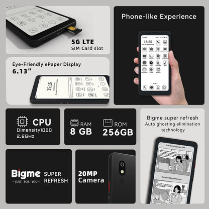 Bigme HiBreak Pro 6.1 "Epaper Mobiele Telefoon 8+256 GB Android 14 OS Smartphone, 5G Dual SIM, GPS, Zwart