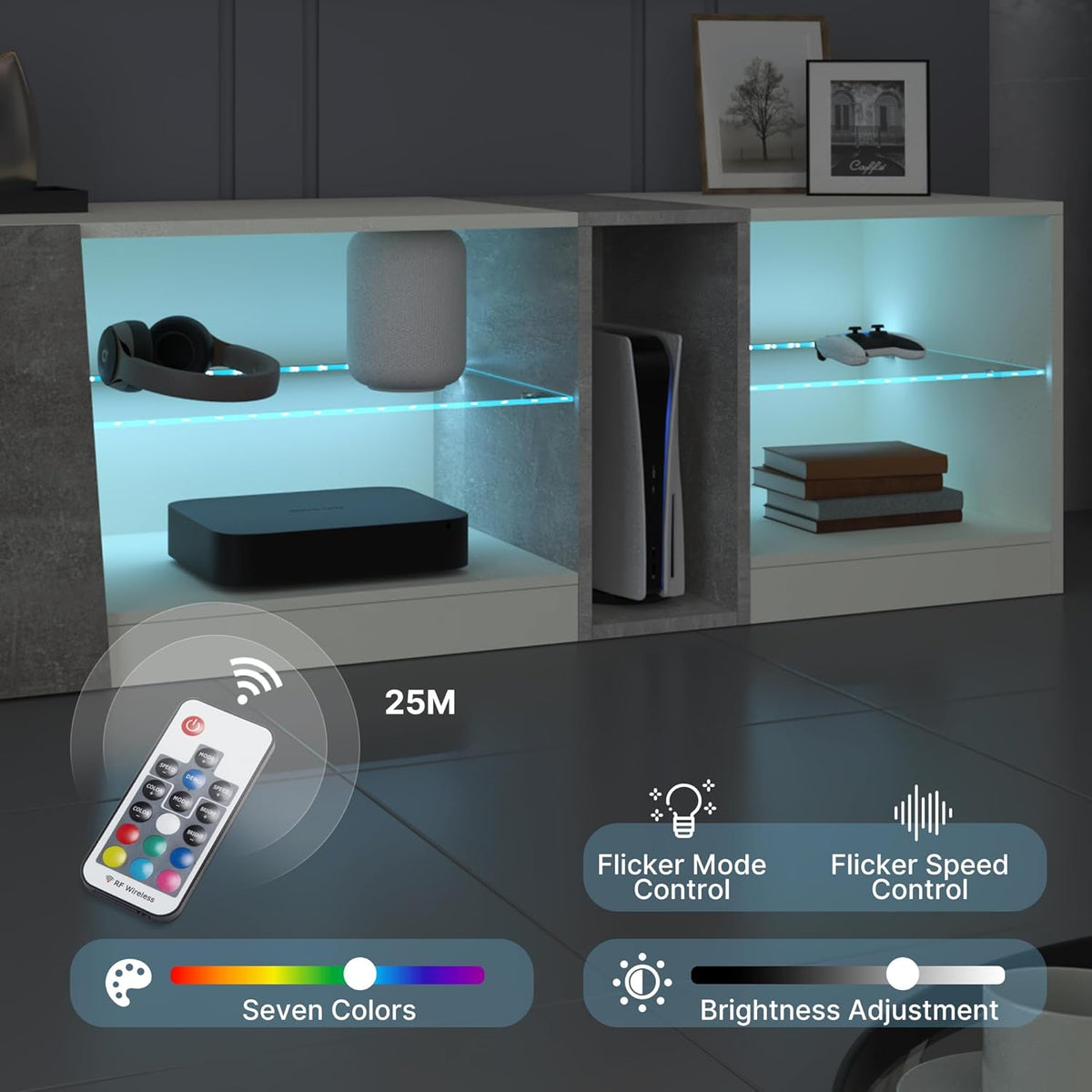 Mondeer TV-meubel, tv-meubel met ledverlichting, 5 open vakken en 1 deur, voor 55 inch tv's, voor woonkamer, slaapkamer, 140 x 45 x 37,5 cm (b x h x d), wit en grijs