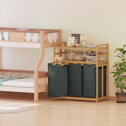 AdelDream Wasmand 150L 3 vakken 2 rekken uittrekbare en afneembare waszak bamboeframe wasverzamelaar wasemmer