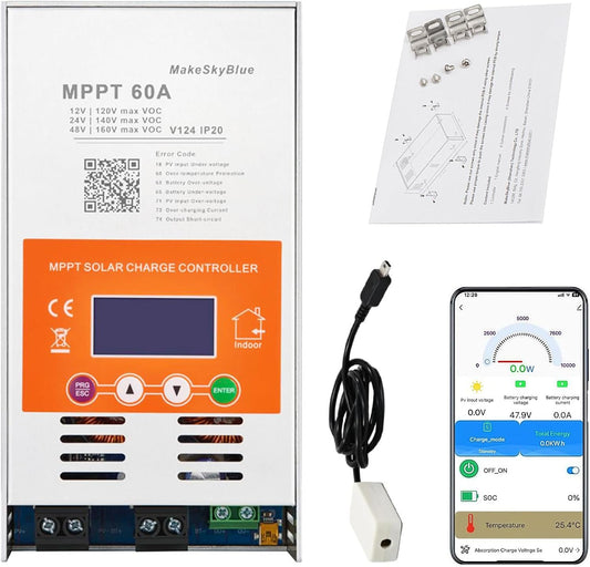 60A MPPT Solar Charging Controller (WiFi) met LCD-display, ondersteunt app-bediening, max. 2800 W PV-vermogen, MPPT-laadregelaar voor 12V, 24V en 48V batterijen