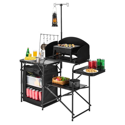 VEVOR Keukentafel voor camping buiten, aluminium, met opbergkast, draagtas, afneembare voorruit, geschikt voor barbecue, feest, picknick, reizen, camper, zwart