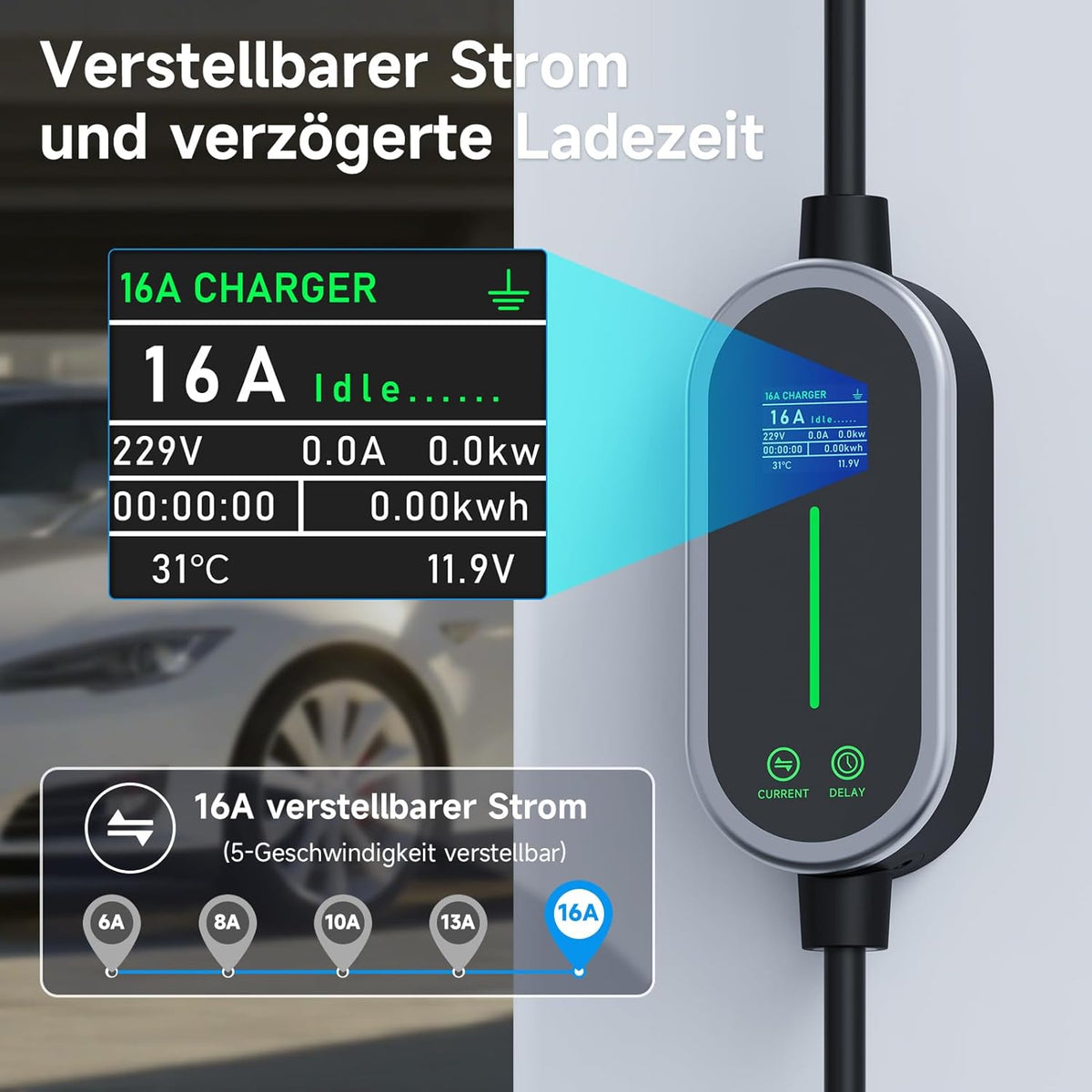 Type 2 oplaadkabel 3,6 kW 10 m, 6-16 A eenfasig oplader type 2, oplaadkabel elektrische auto type 2 Schuko, draagbare EV oplader, instelbare stroom en instelling starttijd voor alle EV PHEV IEC