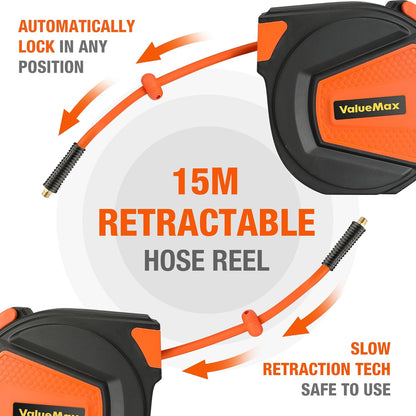 ValueMax Persluchtslanghaspel, slanghaspel automatisch, slang 15 m + 1,5 m, 1/4" aansluiting, 180° schenkbaar, slanghaspel intrekbare luchtslanghaspel max. 300 psi/20 bar