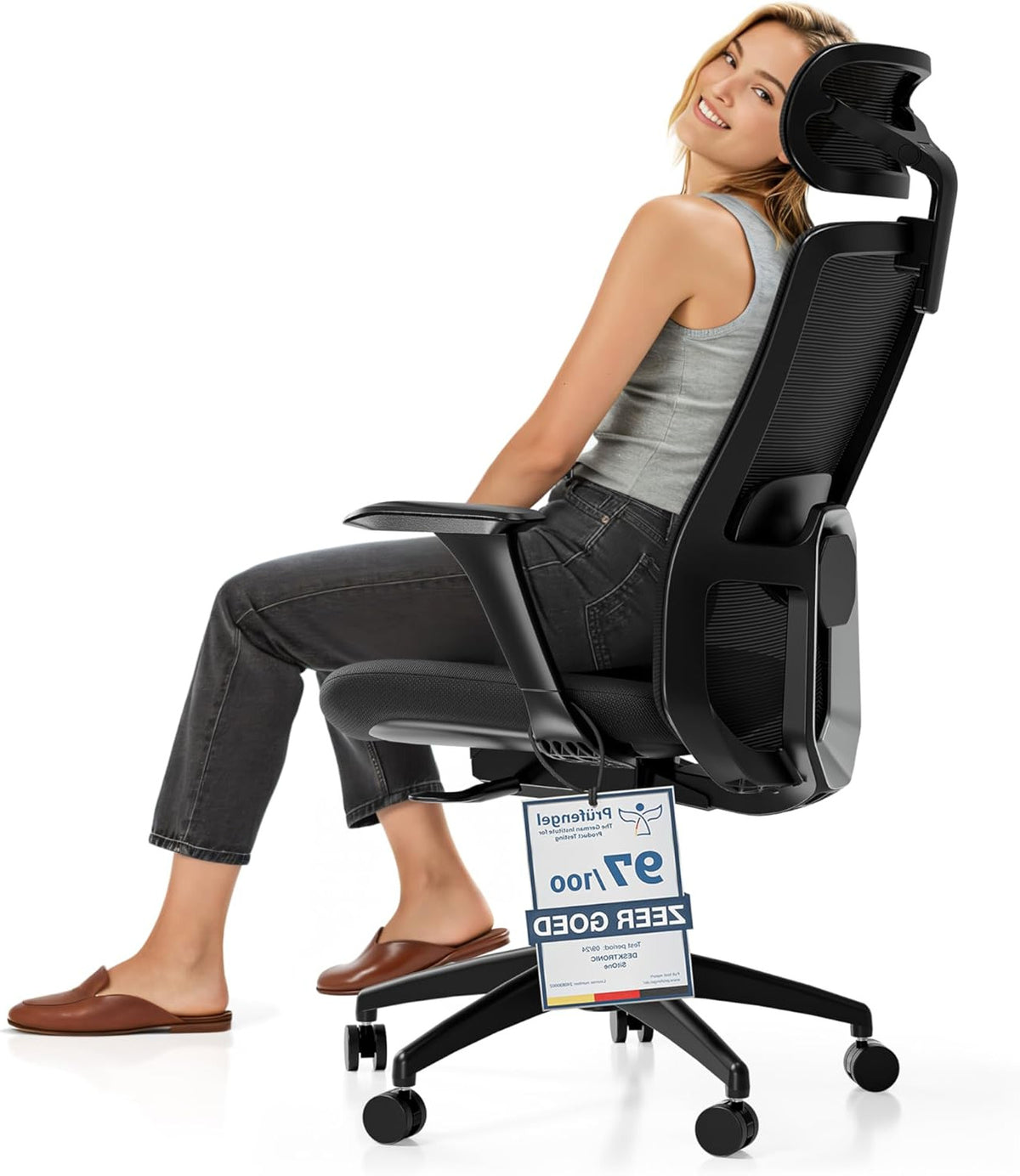Desktronic SitOne Office Chair Adjustable Ergonomic Office Chair with Headrest, Armrests, Lumbar Support, Height Adjustment - Designed for European Body - Breathable Mesh - Spacious Seat (Black) - QUORE
