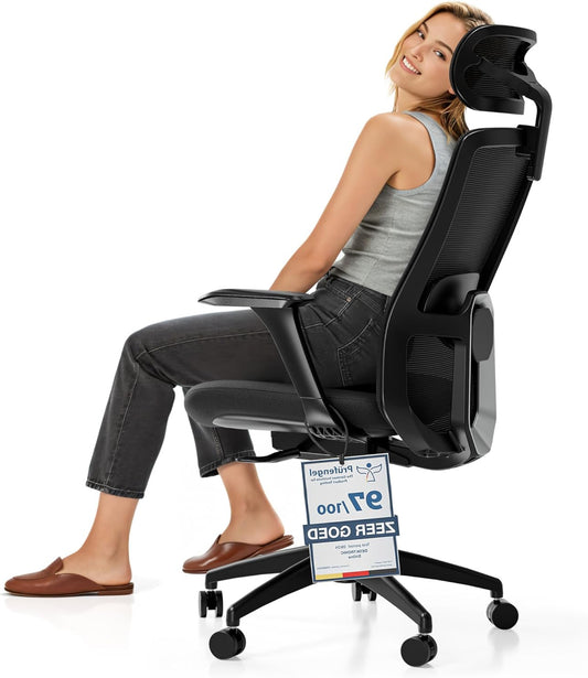 Desktronic SitOne Office Chair Adjustable Ergonomic Office Chair with Headrest, Armrests, Lumbar Support, Height Adjustment - Designed for European Body - Breathable Mesh - Spacious Seat (Black) - QUORE