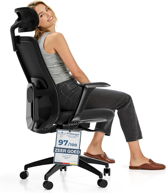 Desktronic Bureaustoel SitOne verstelbaar ergonomisch, bureaustoel met hoofdsteun, armleuningen, lendensteun, hoogteverstelling - ontworpen voor Europees lichaam - ademend gaas - ruime zitting (Zwart)