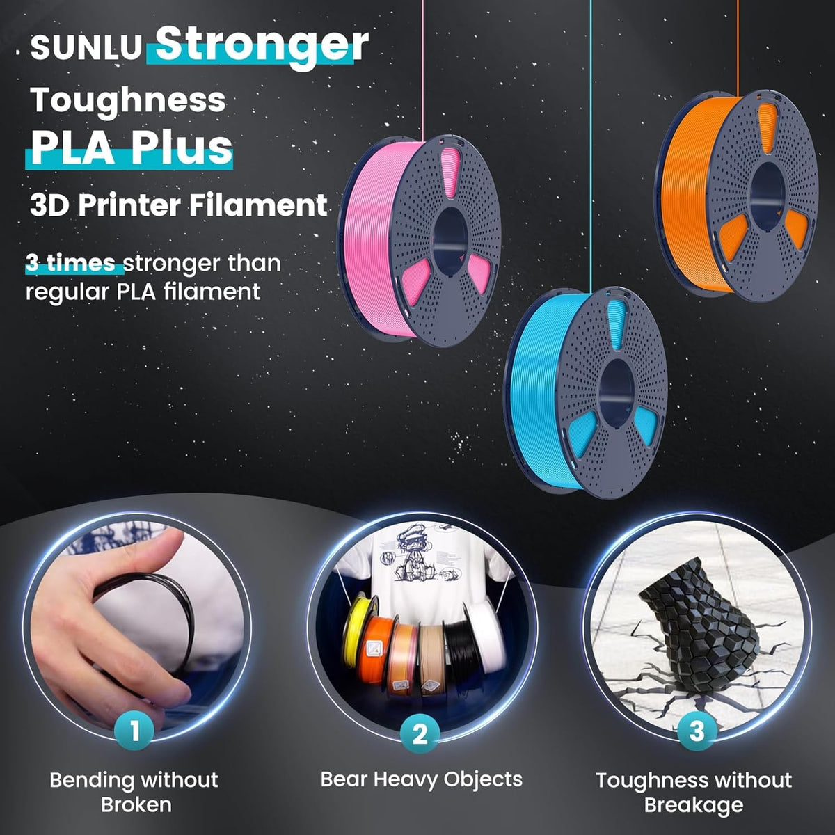 SUNLU Bundle 10 kg PLA Plus filament, meerkleurig, voor 3D-printers, PLA+ filament 1,75 mm, 1 kg/spoel, 10 spoelen, zwart + wit + grijs + rood + klein blauw + groen + lichtgeel + oranje +