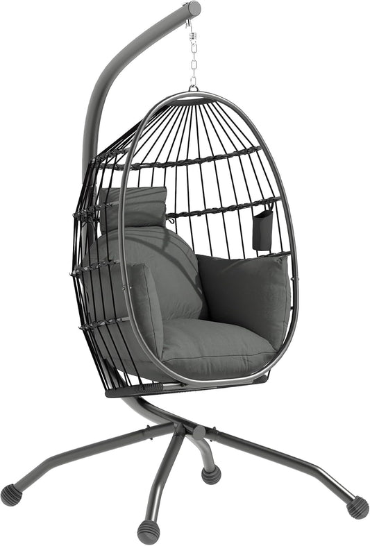 Outsunny Eshaped Outdoor Hanging Chair Folding Hanging Swing with Cup Holder, Removable Washable Seat Frame Hammock for 1 Person Swing Chair for Patio Garden Black - QUORE