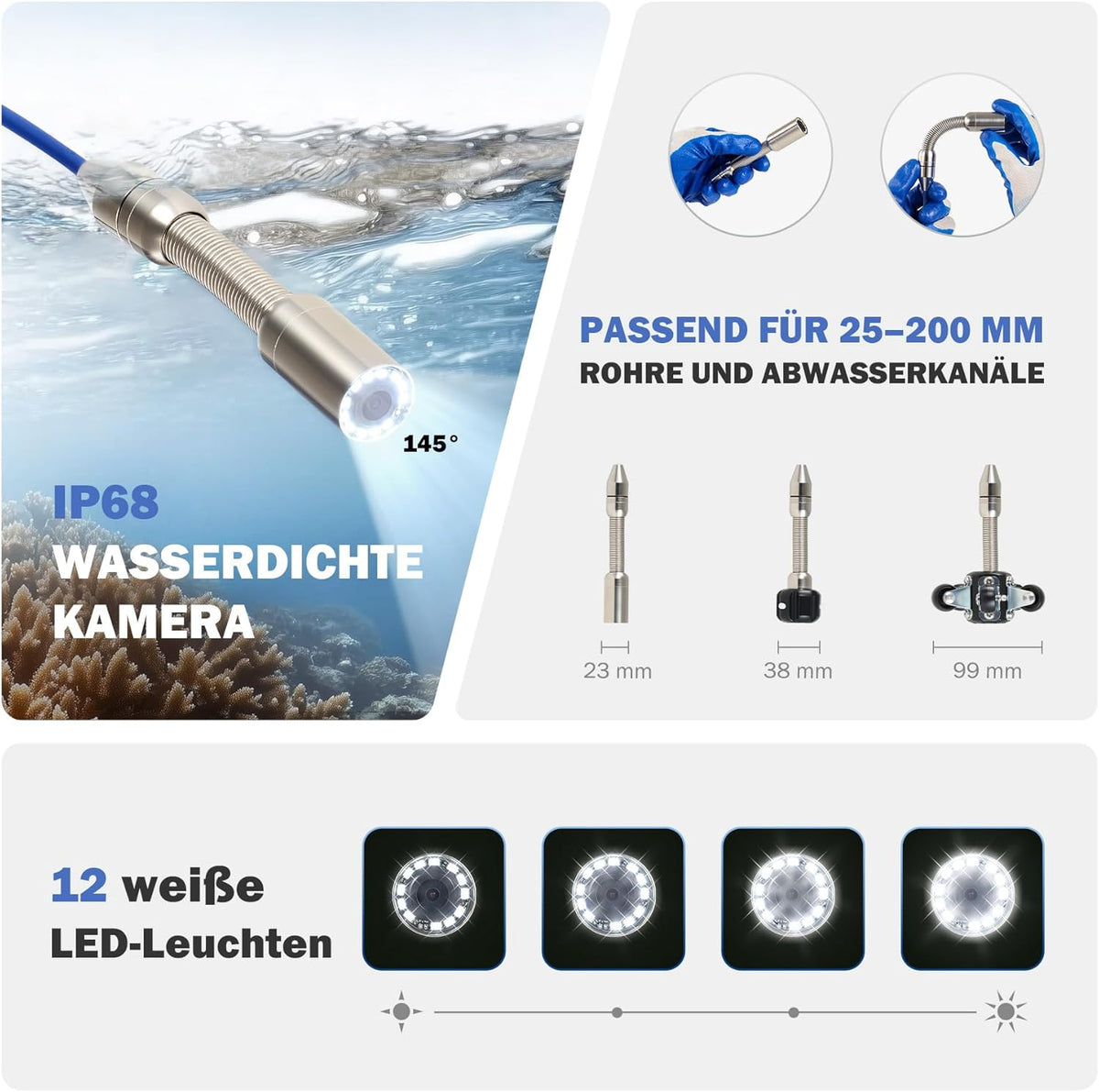ZELCAN Inspectiecamera met 30 meter kabel en 4,3 inch lcd-scherm, videoinspectie voor buizen, waterdicht IP68, sonde met camera voor inspectieluizen voor afvoerbuizen