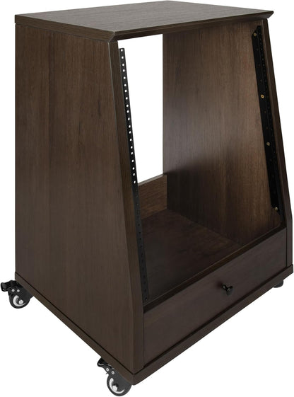 Studiorack – Audiorack – Studio Rack – Rackmeubel – Rackkast – Hoekig Bruin Met Vergrendelbare Wielen – 12U Rackruimte – 25 Mm Multiplex Tot 91 Kg