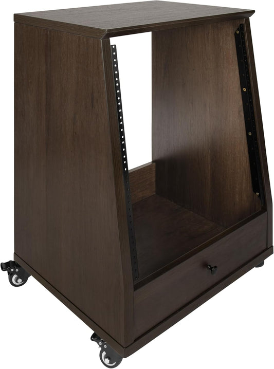 Studiorack – Audiorack – Studio Rack – Rackmeubel – Rackkast – Hoekig Bruin Met Vergrendelbare Wielen – 12U Rackruimte – 25 Mm Multiplex Tot 91 Kg