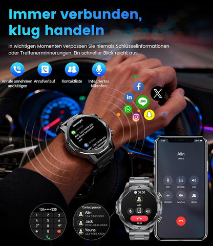 Smartwatch voor heren met oproepen/1000 mAh accu voor Android iOS, 1,53 inch HD groot touchscreen, militair smartwatch met 24 uur hartslag/110 sportmodi, IP68 waterdichte zaklamp, fitnesshorloge, 3