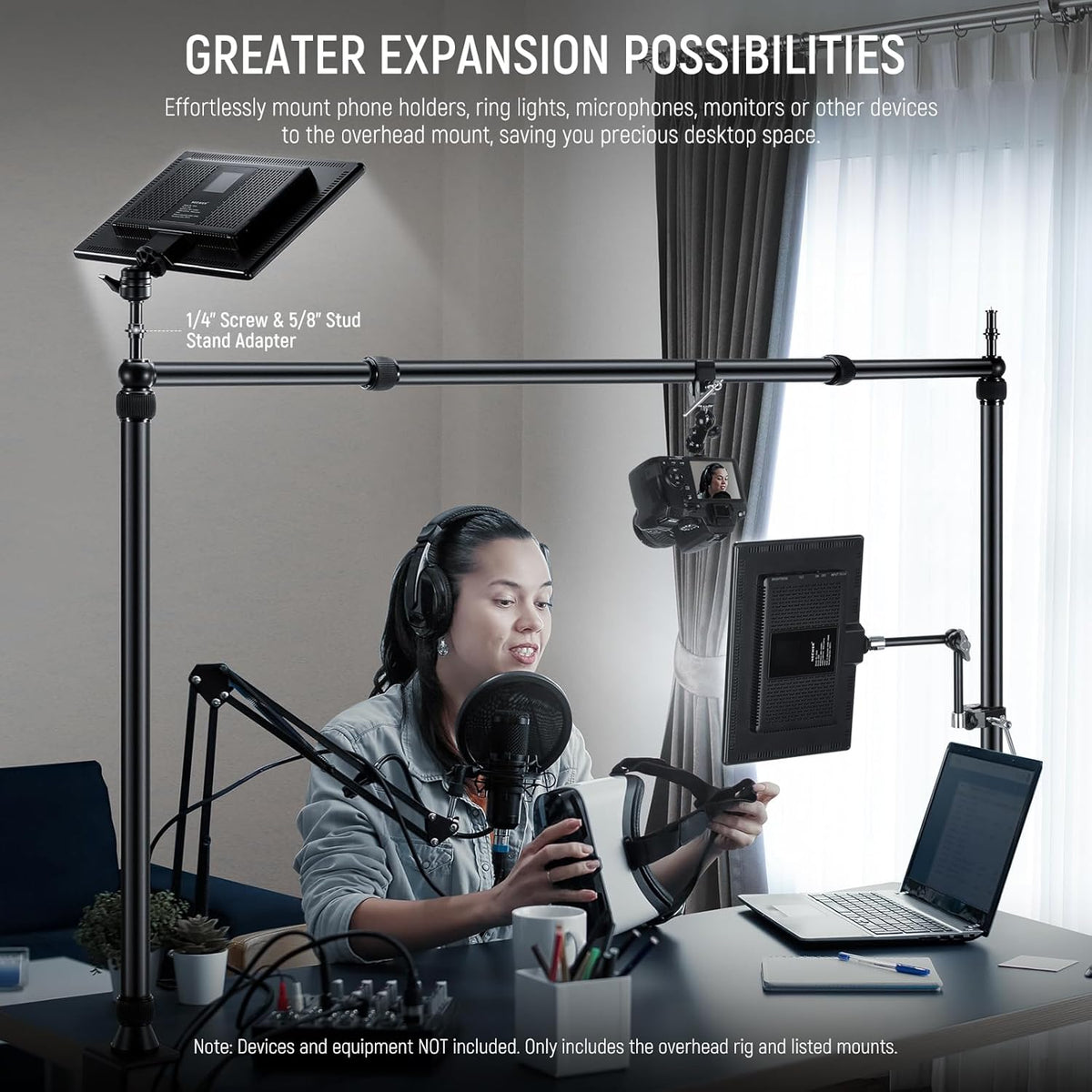 NEEWER NK002 Rig camerahouder met 2 kogelkopjes, Super Clamp/telefoonhouder, tafelhouder, multi-apparaathouder, platform, overhead-statief, instelbare hoogte, maximale belasting 12 kg