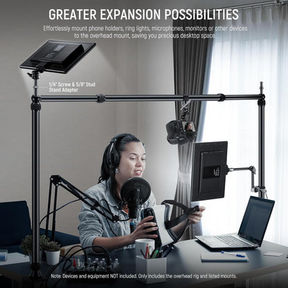 NEEWER NK002 Rig camerahouder met 2 kogelkopjes, Super Clamp/telefoonhouder, tafelhouder, multi-apparaathouder, platform, overhead-statief, instelbare hoogte, maximale belasting 12 kg