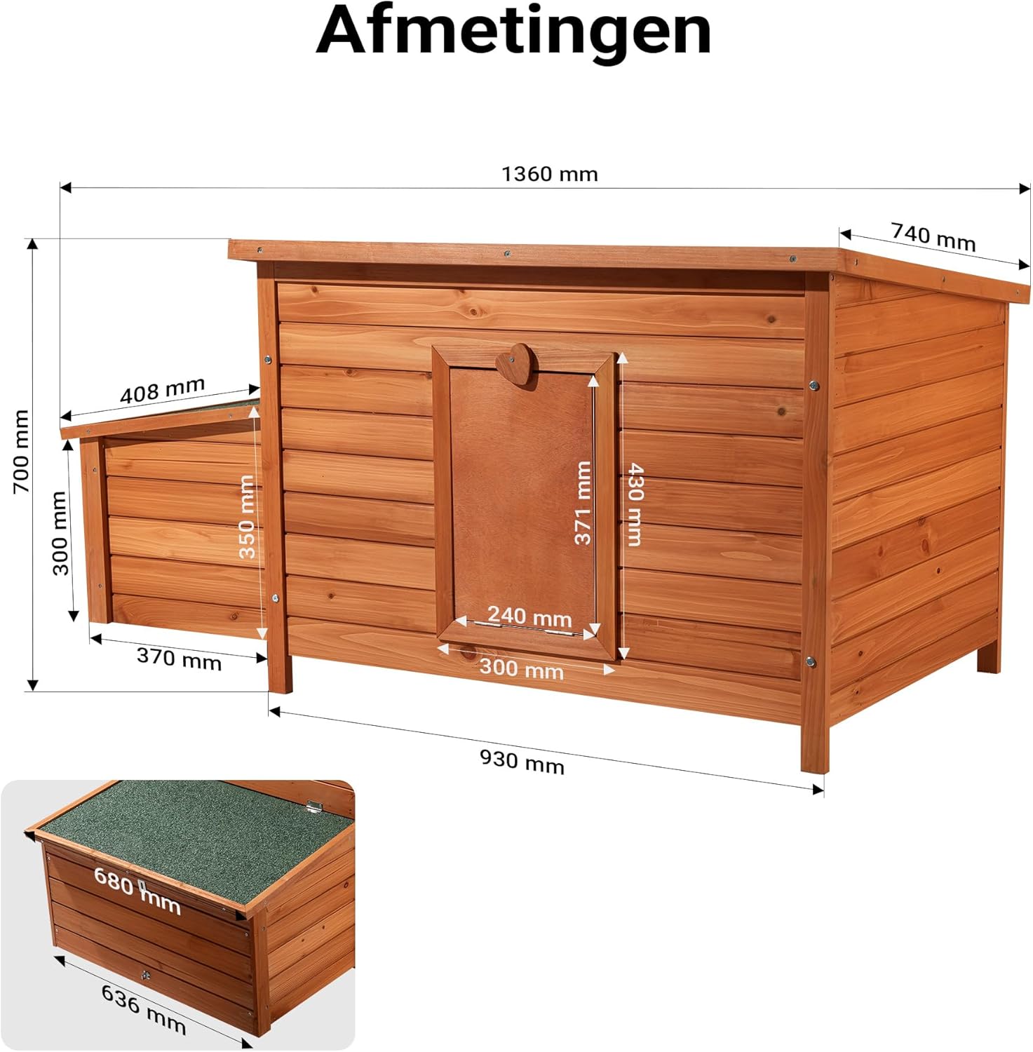 Wiltec chicken coop 1360 x 740 x 700 mm red brown with wooden nesting box, hens hutch with shelter, insulated roof and galvanized stool - QUORE