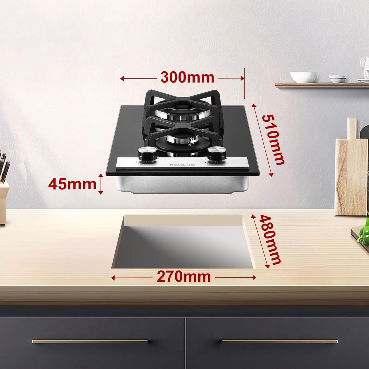 Gaskookplaat – Gasfornuis – Inbouwkookplaat – Glaskeramische Kookplaat – 2-Pits Kookplaat – Compact 30 cm Breed – Zwart Gehard Glas