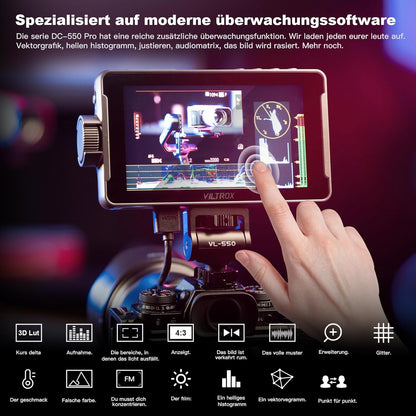 Camera Field Monitor – Cameramonitor – Videomonitor – Veldmonitor – HDMI-Monitor – 5,5 Inch Met Accu En Zonnekap – 1200 Nits Helderheid – 4K HDMI In/Out