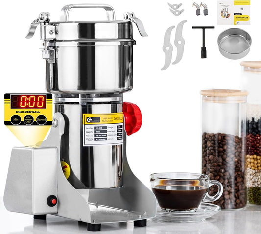 CGOLDENWALL LED Display Graan Molen Grinder Elektrische 800g Swing Type Droog Spice Kruid Granen Koffie Molen Hoge Snelheid 28000RPM/2400W Motor met Timer, Overbelasting Bescherming