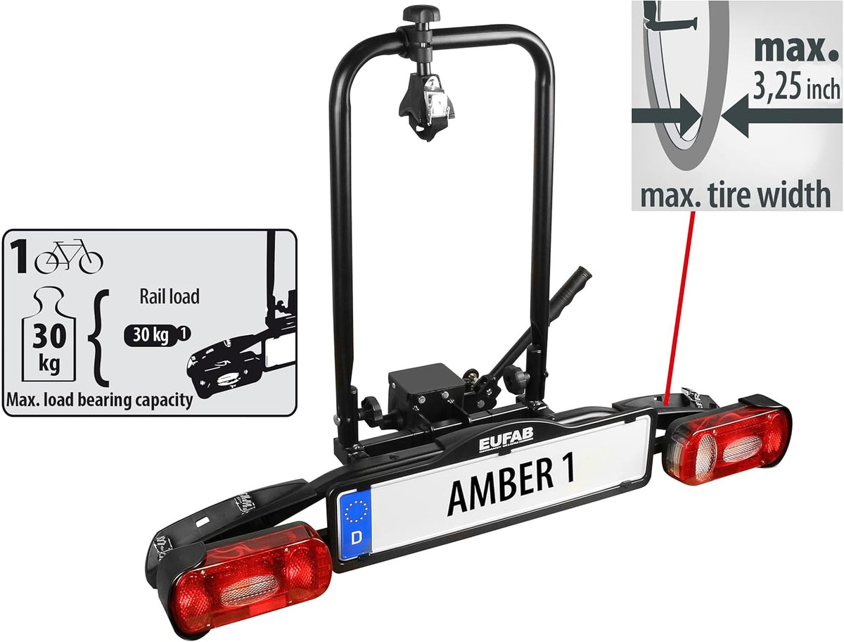 EUFAB 11559 fietsendrager AMBER 1, geschikt voor e-bike, gedeeltelijk voorgemonteerd, voor 1 fiets, voor trekhaak,voor 1 fiets,Zwart
