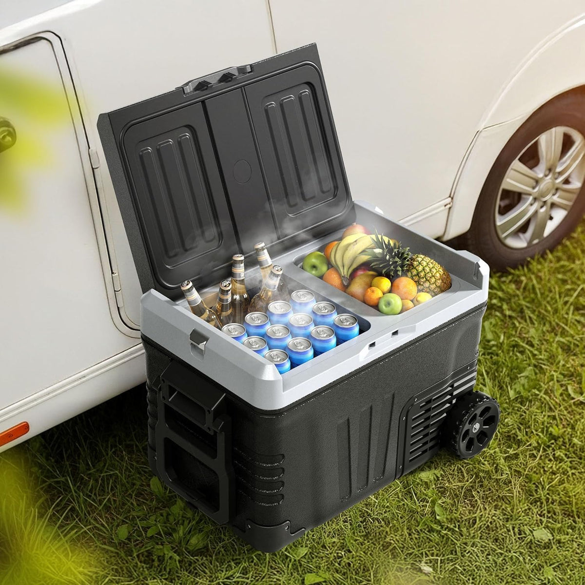 EUHOMY Auto-koelkast-compressor, 50 liter, -20 °C tot +20 °C, 12 V/220 V, stille campingkoelbox met app en wielen, draagbare vriezer voor outdoor, reizen, vissen (geluidsarm, zwart)
