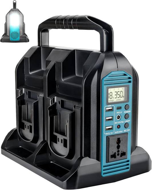 Taingwei 350 W Sine Wave omvormer voor Makita 18V batterij, 4-poorten, 18V naar 230V volt, spanningsomvormer met 3 USB-A-poorten, 1 USB-C poort, 300 lm ledlicht voor camping, reizen, jacht