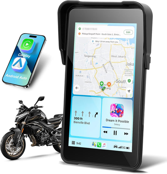 Carplay motorfiets scherm met navigatie, draagbaar 5 inch waterdicht touchscreen met draadloos CarPlay en Android auto motorfiets, bluetooth, EQ, kalibratie aanraken + SWC