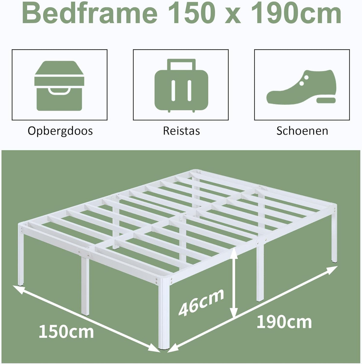 Metalen Bedframe 150x190 cm met Ronde Hoekpoten, Hoogte 46cm, Bed Frame 150x190 Metaal met Lattenbodem, Veel Opbergruimte onder het bed, Eenvoudige Montage, Wit