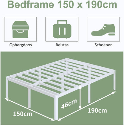 Lutown-Teen Metalen Bedframe 150x190 cm met Ronde Hoekpoten, Hoogte 46cm, Bed Frame 150x190 Metaal met Lattenbodem, Veel Opbergruimte onder het bed, Eenvoudige Montage, Wit