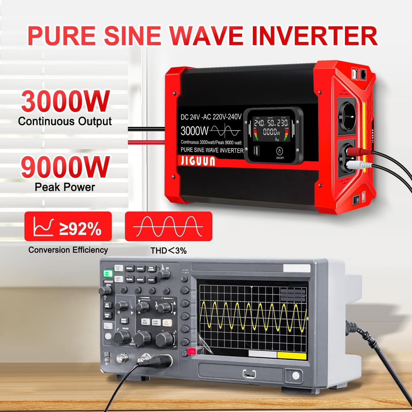JIGUUN 3000W Omvormer 24V 230V Zuivere sinus Converter inverte met 2 EU stopcontacten & 3 USB+Tycp-C poorten, afneembare afstandsbediening en LCD display Piekvermogen 9000W