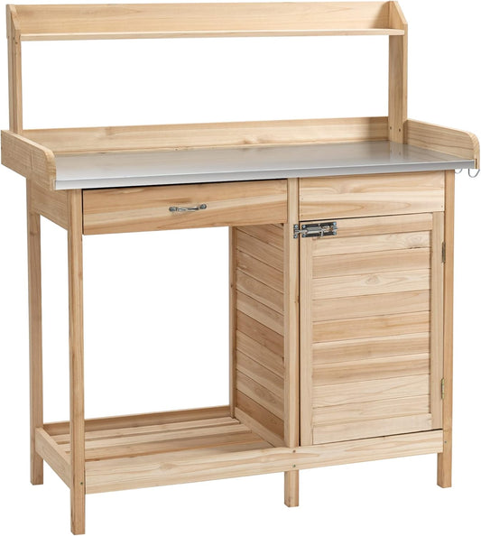 Oppottafel - Tuinwerktafel - Plantentafel -Tuinwerkbankje - met Gegalvaniseerd Werkblad - met Lade - Kast - Massief Hout - 112 x 45 x 125 cm - Natuurlijk Hout