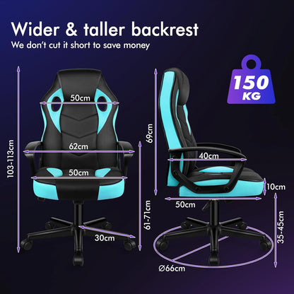 ALFORDSON Gamingstoel, PC-computer racestoel, ergonomische draaibare bureaustoel met wielen van PU-leer en stof voor thuisgebruik, cyaan