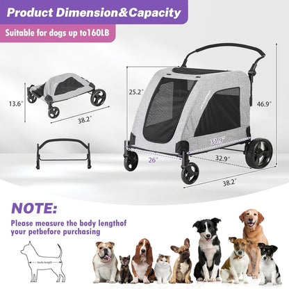 EchoSmile Hondenwagen voor middelgrote en grote honden tot 70 kg, opvouwbare hondenbuggy met netramen, verstelbare handgreep en 4 wielen voor terrein, grijs