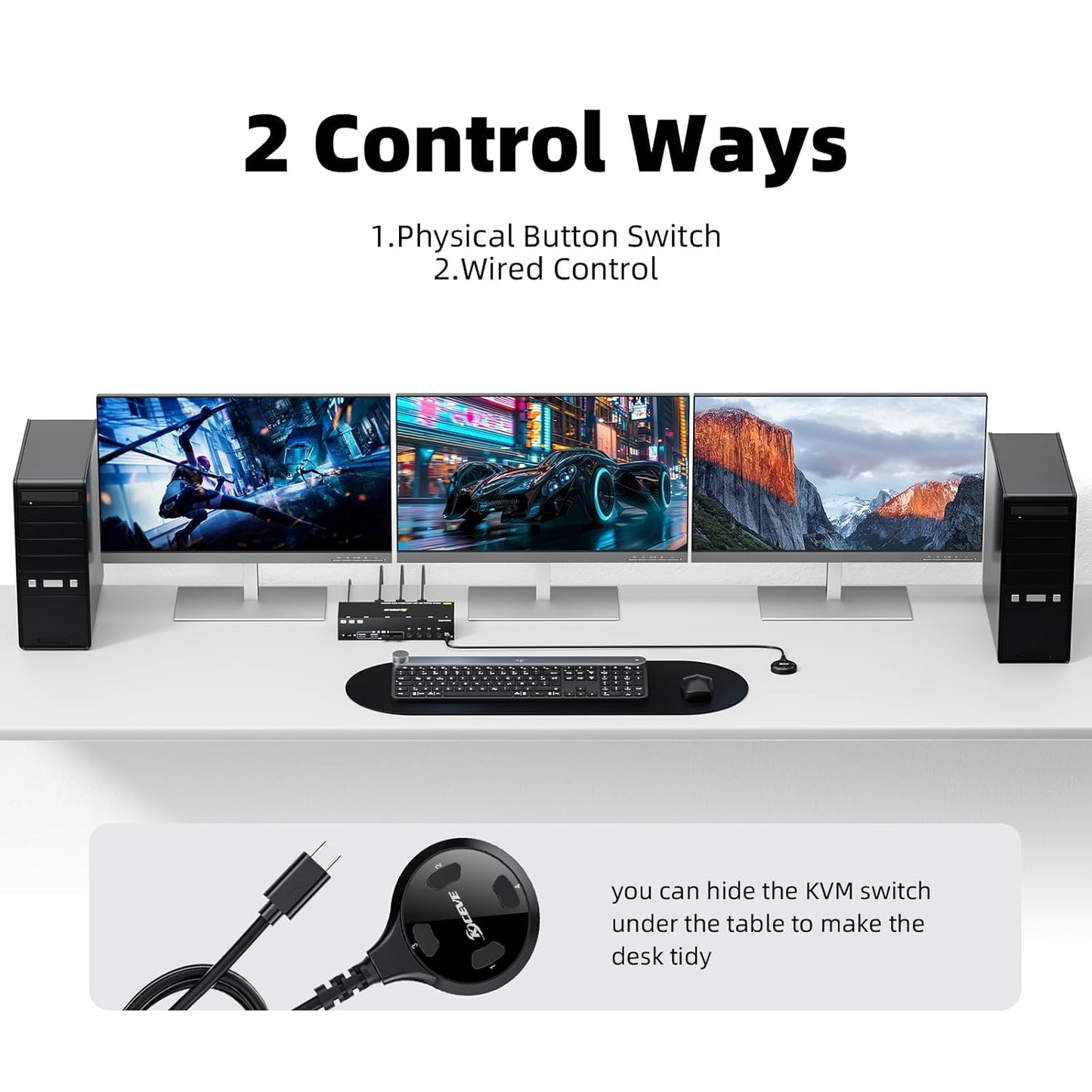 KVM Switch 3 monitoren 4 pc's, 2 DisplayPort + 1 HDMI USB 3.0 KVM-schakelaar, ondersteunt 4K @60 Hz voor 3 computers die 2 DP-monitoren, toetsenbord en muis delen