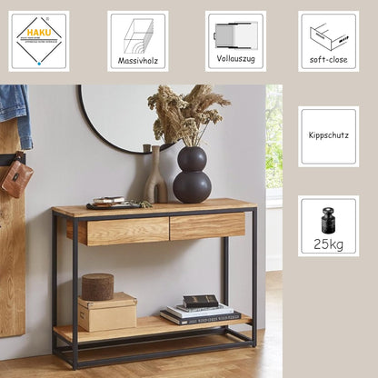 HAKU Console eiken, zwart, Massief hout, metaal - Maat: B 100 cm x H 75 cm x D 35 cm, Stijl: Modern