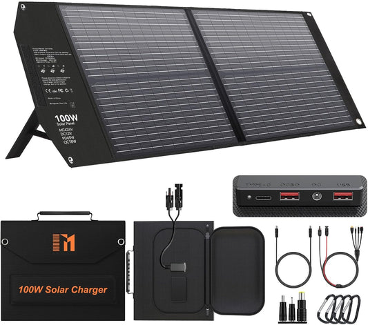 100 W draagbaar zonnepaneel met 5 poorten, 24 V MC4/DC/QC 3.0 USB-A & USB-C (PD 65W), camping zonnepaneel kit, opvouwbare zonnelader voor camping krachtcentrales off-grid